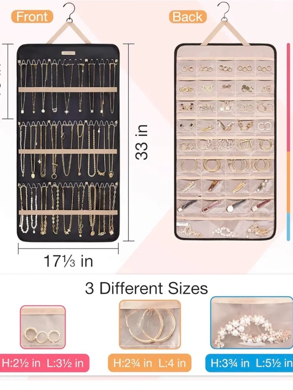 BAGSMART Hanging Jewelry Organizer with Pockets and Hook - Black & Beige